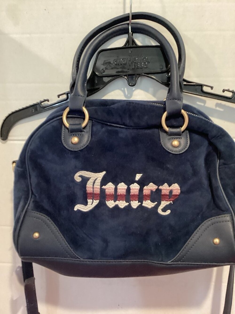 277-Regal Blue Velour Juicy Couture Retro Vibe Satchel Bag Purse With Strap